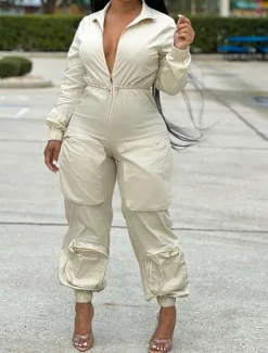 Women's Normal Jumpsuit Streetwear Solid Color Sleeveless Shirt Collar Zipper Pocket Street Daily Regular Fit Black White Fall