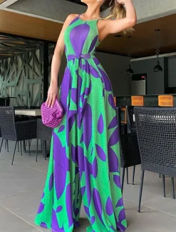 Women's Normal Jumpsuit Streetwear Floral Sleeveless Halter Neck High Waist Print Street Daily Regular Fit Red Green Summer