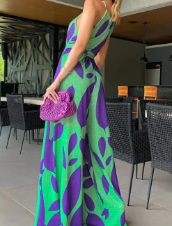 Women's Normal Jumpsuit Streetwear Floral Sleeveless Halter Neck High Waist Print Street Daily Regular Fit Red Green Summer