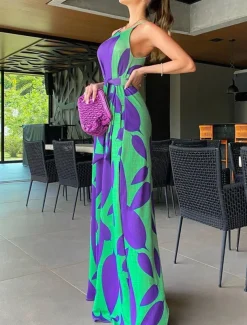 Women's Normal Jumpsuit Streetwear Floral Sleeveless Halter Neck High Waist Print Street Daily Regular Fit Red Green Summer