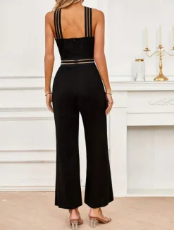 Women's Normal Jumpsuit Streetwear Solid Color Sleeveless Halter Neck Mesh Backless Street Business Regular Fit Black Summer
