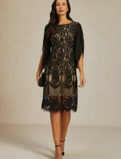 Women's Normal Knee Length Dress Black Dress Elegant Vintage Split Sleeve Party Wedding Guest Cocktail Party Regular Fit 3/4 Length Sleeve Crew Neck Black Summer Spring Fall