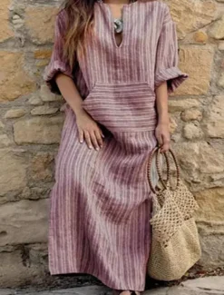 Women's Normal Maxi Dress Cotton Linen Dresses Vintage Dress Stylish Casual Work Daily Loose Fit Stripe Long Sleeve V Neck Red Green Gray Spring Fall