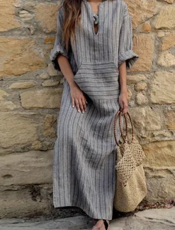 Women's Normal Maxi Dress Cotton Linen Dresses Vintage Dress Stylish Casual Work Daily Loose Fit Stripe Long Sleeve V Neck Red Green Gray Spring Fall