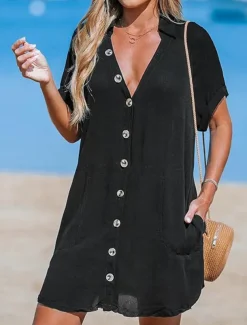 Women's Normal Midi Dress Linen-Inspired Dresses Beach Dress Tropical Hawaiian Beach Regular Fit Plain Long Sleeve Shirt Collar Black White Pink Summer