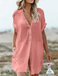 Women's Normal Midi Dress Linen-Inspired Dresses Beach Dress Tropical Hawaiian Beach Regular Fit Plain Long Sleeve Shirt Collar Black White Pink Summer