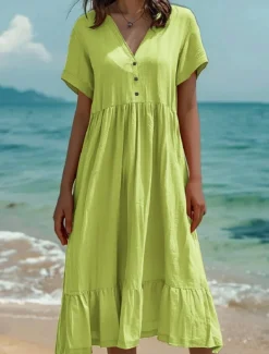 Women's Normal Midi Dress Cotton Linen Dresses Casual Dress Casual Street Regular Fit Solid Color Short Sleeve V Neck Light Green Dark Green Orange Dark Grey Summer
