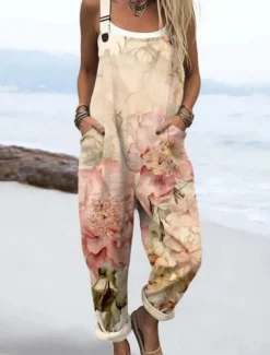 Women's Normal Overall Active Floral Sleeveless Round Neck Pocket Print Vacation Daily Regular Fit Yellow Pink Red Summer