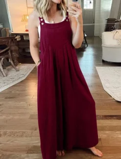 Women's Normal Overall Active Solid Color Sleeveless Round Neck Buttons Pocket Vacation Daily Regular Fit Yellow Wine Apricot Summer