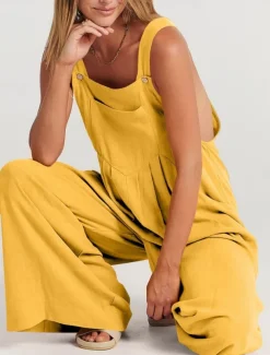 Women's Normal Overall Active Solid Color Sleeveless Round Neck Buttons Pocket Vacation Daily Regular Fit Yellow Wine Apricot Summer