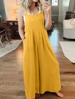 Women's Normal Overall Active Solid Color Sleeveless Round Neck Buttons Pocket Vacation Daily Regular Fit Yellow Wine Apricot Summer