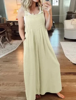 Women's Normal Overall Active Solid Color Sleeveless Round Neck Buttons Pocket Vacation Daily Regular Fit Yellow Wine Apricot Summer