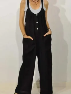 Women's Normal Overall Dungarees Streetwear Solid Color Sleeveless V Neck Buttons Pocket Street Daily Regular Fit Black Khaki Summer