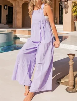 Women's Normal Overall Streetwear Solid Color Sleeveless U Neck Buttons Pocket Street Daily Regular Fit Pink Purple Fuchsia Summer