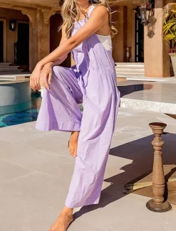 Women's Normal Overall Streetwear Solid Color Sleeveless U Neck Buttons Pocket Street Daily Regular Fit Pink Purple Fuchsia Summer