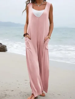 Women's Normal Overall Streetwear Solid Color Sleeveless V Neck Pocket Street Daily Regular Fit Black Pink Green Summer