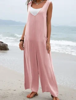 Women's Normal Overall Streetwear Solid Color Sleeveless V Neck Pocket Street Daily Regular Fit Black Pink Green Summer