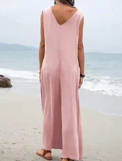 Women's Normal Overall Streetwear Solid Color Sleeveless V Neck Pocket Street Daily Regular Fit Black Pink Green Summer