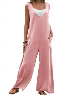 Women's Normal Overall Streetwear Solid Color Sleeveless V Neck Pocket Street Daily Regular Fit Black Pink Green Summer