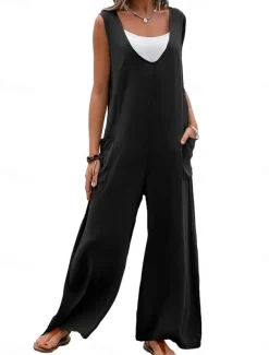Women's Normal Overall Streetwear Solid Color Sleeveless V Neck Pocket Street Daily Regular Fit Black Pink Green Summer