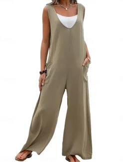 Women's Normal Overall Streetwear Solid Color Sleeveless V Neck Pocket Street Daily Regular Fit Black Pink Green Summer