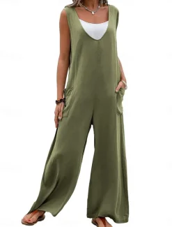 Women's Normal Overall Streetwear Solid Color Sleeveless V Neck Pocket Street Daily Regular Fit Black Pink Green Summer