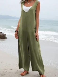 Women's Normal Overall Streetwear Solid Color Sleeveless V Neck Pocket Street Daily Regular Fit Black Pink Green Summer