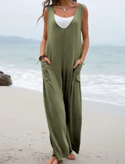 Women's Normal Overall Streetwear Solid Color Sleeveless V Neck Pocket Street Daily Regular Fit Black Pink Green Summer