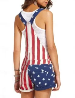 Women's Normal Overall Streetwear National Flag Sleeveless Square Neck Buttons Pocket Street Daily Regular Fit Black Red Summer