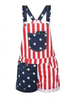 Women's Normal Overall Streetwear National Flag Sleeveless Square Neck Buttons Pocket Street Daily Regular Fit Black Red Summer