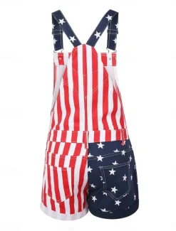 Women's Normal Overall Streetwear National Flag Sleeveless Square Neck Buttons Pocket Street Daily Regular Fit Black Red Summer