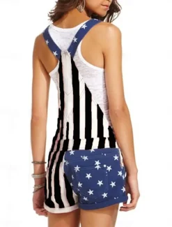 Women's Normal Overall Streetwear National Flag Sleeveless Square Neck Buttons Pocket Street Daily Regular Fit Black Red Summer