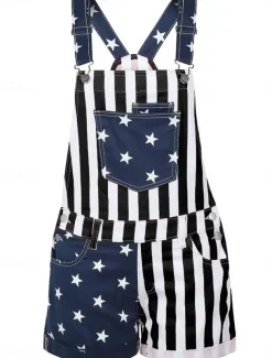 Women's Normal Overall Streetwear National Flag Sleeveless Square Neck Buttons Pocket Street Daily Regular Fit Black Red Summer