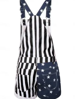 Women's Normal Overall Streetwear National Flag Sleeveless Square Neck Buttons Pocket Street Daily Regular Fit Black Red Summer