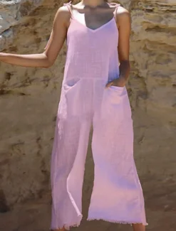 Women's Normal Overall Streetwear Solid Color Sleeveless V Neck Pocket Street Daily Regular Fit White Pink Orange Summer