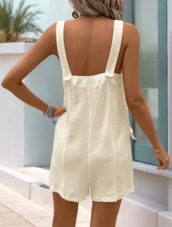 Women's Normal Romper Active Solid Color Sleeveless V Neck Backless Buttons Vacation Daily Regular Fit Apricot Summer