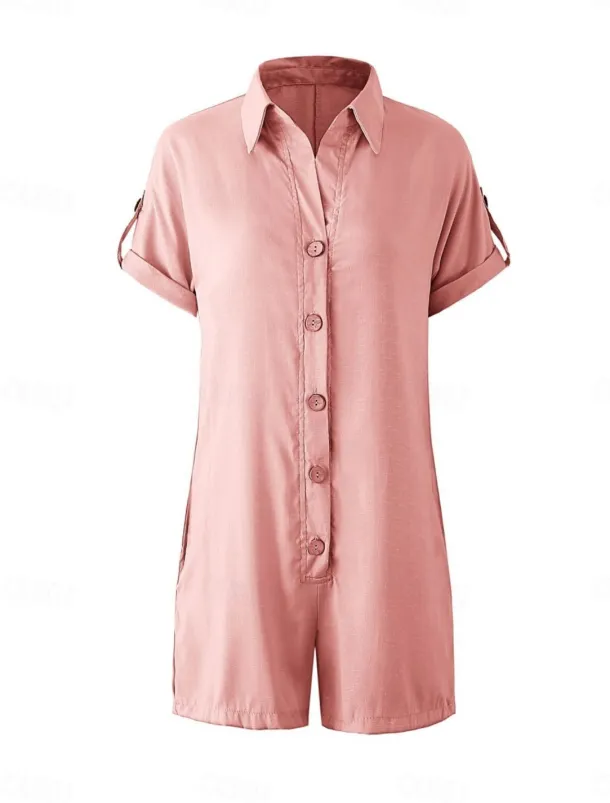 Women's Normal Romper Active Solid Color Short Sleeve Shirt Collar Buttons Vacation Daily Regular Fit White Pink Summer
