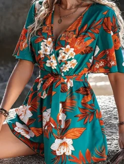 Women's Normal Romper Active Floral Short Sleeve V Neck High Waist Print Vacation Daily Regular Fit Black Green Summer
