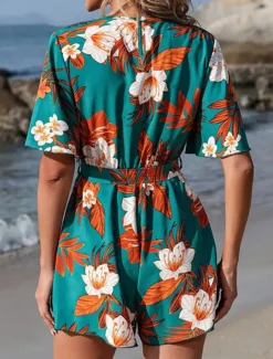 Women's Normal Romper Active Floral Short Sleeve V Neck High Waist Print Vacation Daily Regular Fit Black Green Summer