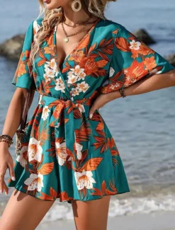 Women's Normal Romper Active Floral Short Sleeve V Neck High Waist Print Vacation Daily Regular Fit Black Green Summer