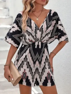 Women's Normal Romper Active Geometric Short Sleeve V Neck High Waist Print Vacation Daily Regular Fit Black Summer