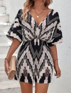 Women's Normal Romper Active Geometric Short Sleeve V Neck High Waist Print Vacation Daily Regular Fit Black Summer