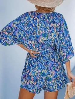 Women's Normal Romper Active Geometric 3/4 Length Sleeve V Neck Print Vacation Daily Regular Fit Pink Blue Purple Summer