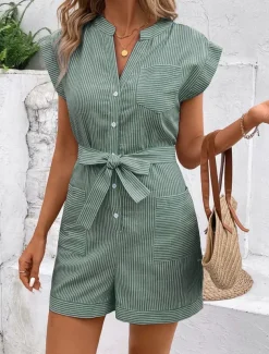 Women's Normal Romper Active Striped Sleeveless V Neck Lace up Pocket Vacation Daily Regular Fit Red Blue Green Summer