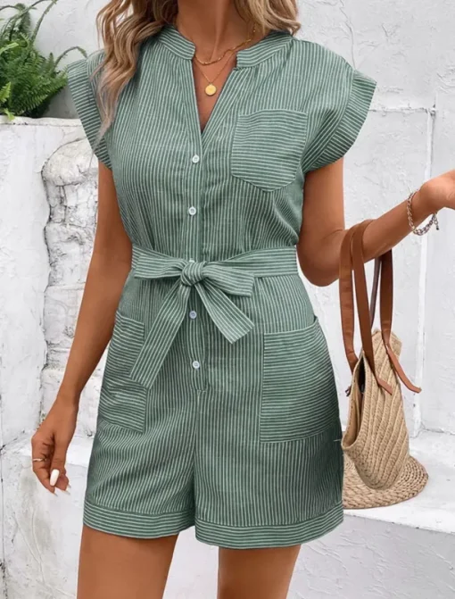 Women's Normal Romper Active Striped Sleeveless V Neck Lace up Pocket Vacation Daily Regular Fit Red Blue Green Summer