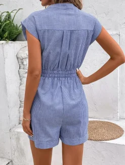 Women's Normal Romper Active Striped Sleeveless V Neck Lace up Pocket Vacation Daily Regular Fit Red Blue Green Summer