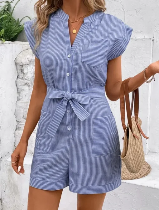 Women's Normal Romper Active Striped Sleeveless V Neck Lace up Pocket Vacation Daily Regular Fit Red Blue Green Summer