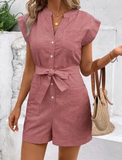 Women's Normal Romper Active Striped Sleeveless V Neck Lace up Pocket Vacation Daily Regular Fit Red Blue Green Summer