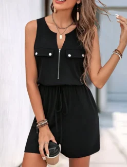 Women's Normal Romper Active Solid Color Sleeveless Round Neck Zipper Pocket Vacation Daily Regular Fit Black Summer