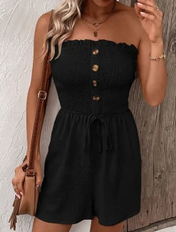 Women's Normal Romper Active Solid Color Sleeveless Strapless Buttons Drawstring Vacation Daily Regular Fit Black Blue Green Summer